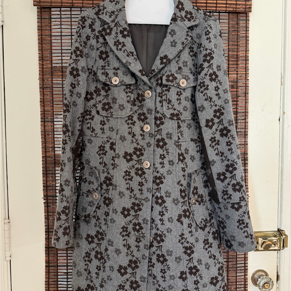 Free People Gray Coat with Brown Floral Jacquard Size M Like new! Fully lined.